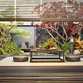 Japanese Courtyard Garden Design With Red Maple Trees Green Plants Stone Lantern And Wooden Table