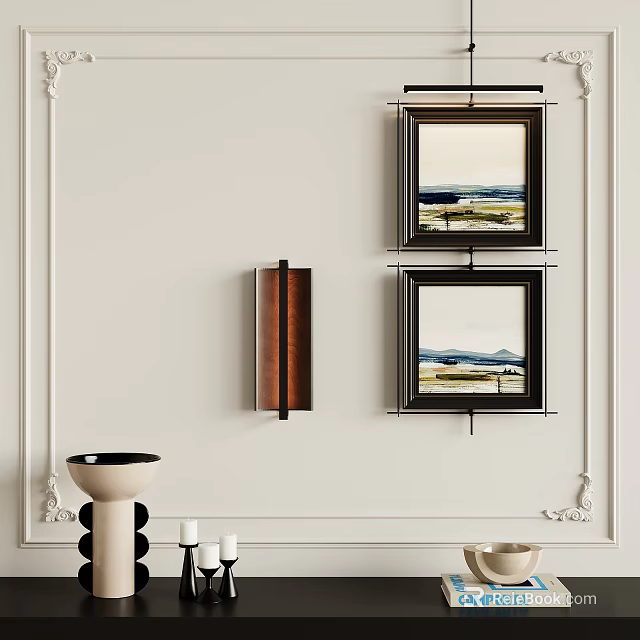 White Wall Interior Decor With Two Framed Landscape Paintings And Copper Sconce 3d model