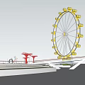 Kids Play Area With Ferris Wheel Red Structures And Waterfront Platform Over Water