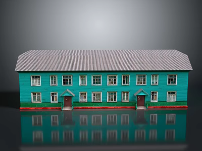 Green Building Featuring Gray Roof Multiple Windows Red Doors and Green Base Reflection 3d model
