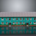 Green Building Featuring Gray Roof Multiple Windows Red Doors and Green Base Reflection