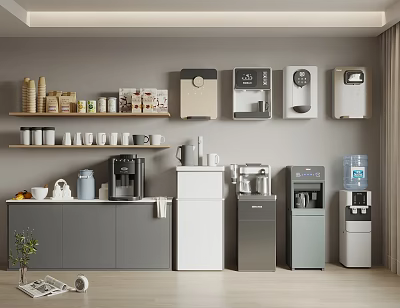 Modern Household Appliances Collection Including Coffee Maker Water Dispenser And Mini Fridge 3d model