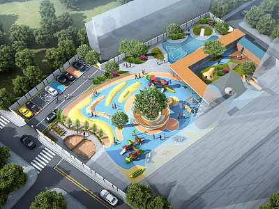 Vibrant Children's Play Area Design With Colorful Flooring Play Structures And Green Plants 3d model