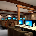 Modern Internet Cafe With Comfortable Seating Multiple Computers And Wooden Green Ceiling Design 3d model