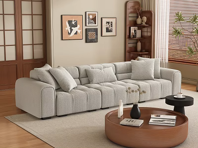 Modern Living Room Interior With Gray Sofa Cushions Light Rug And Wooden Coffee Table 3d model