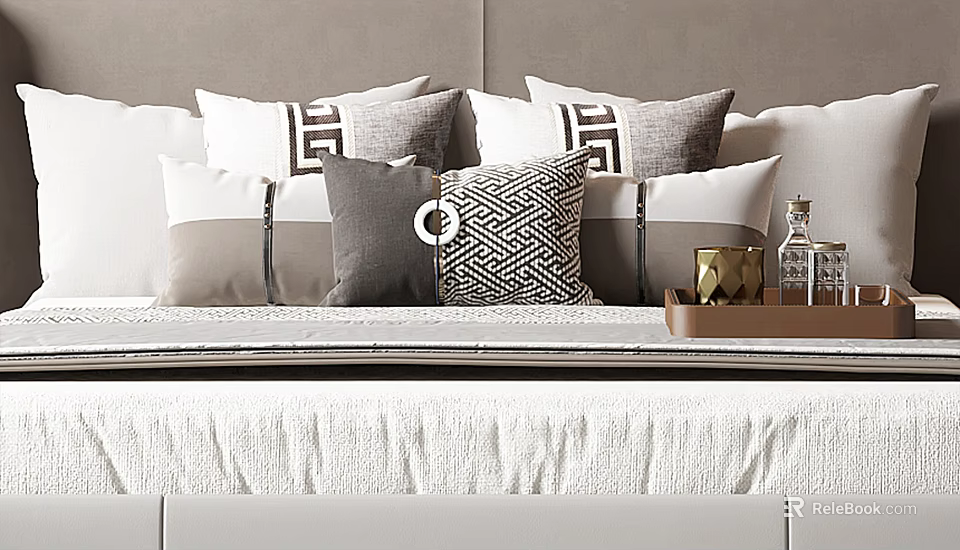 Gray And White Geometric Pattern Decorative Pillows On Bed With Tray And Accessories 3d model