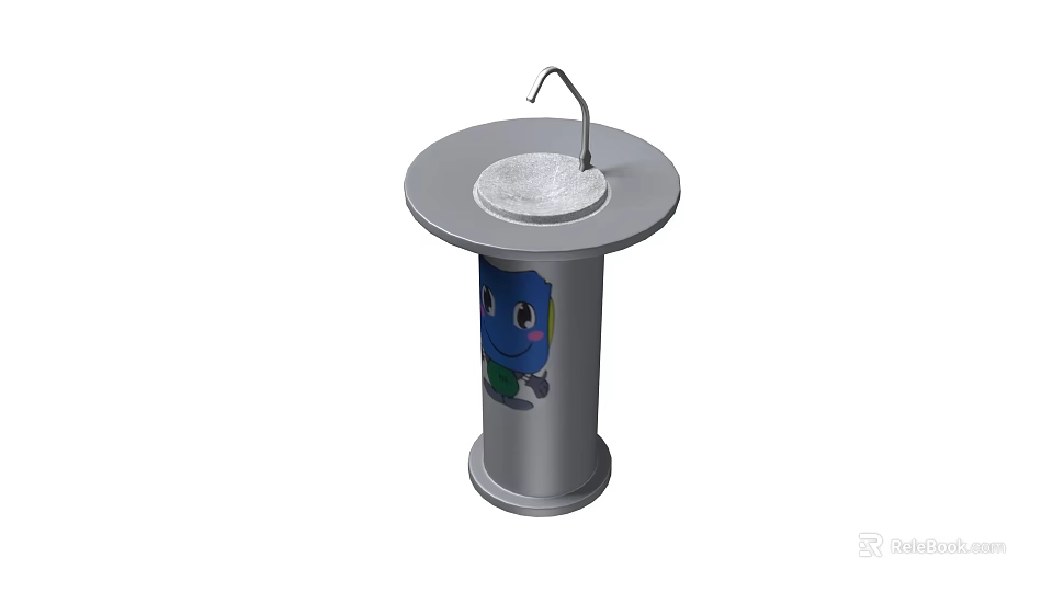 Cute Cylindrical Washbasin With Round Countertop Faucet And Blue Smiling Cartoon Character 3d model 