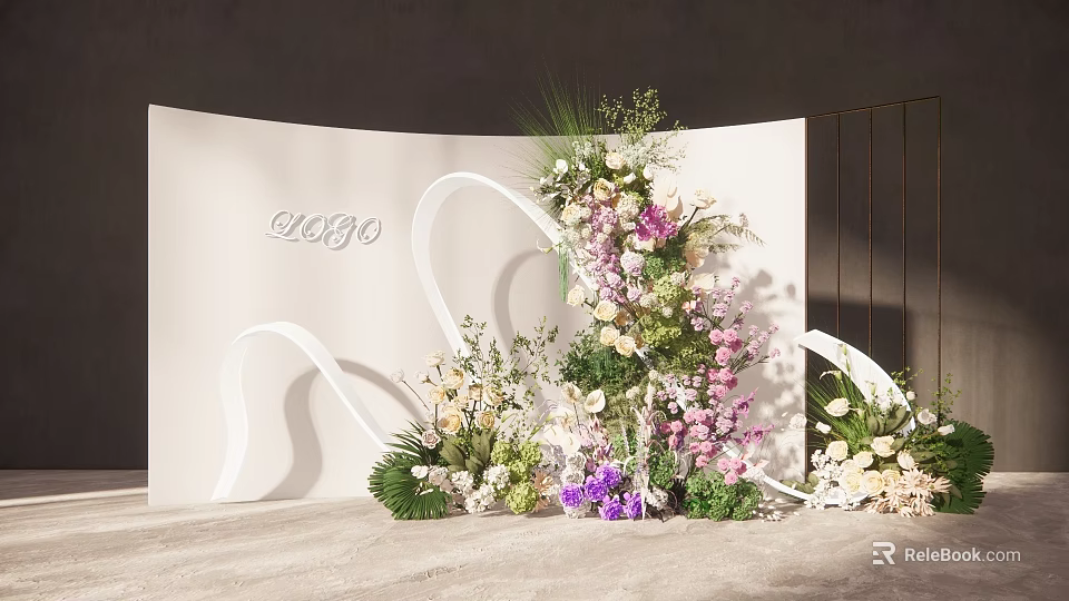 Stylish Floral Decoration Setup With White Curved Backdrop And Mixed Color Flowers Green Plants 3d model 