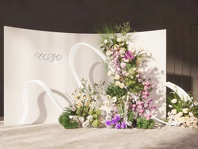 Stylish Floral Decoration Setup With White Curved Backdrop And Mixed Color Flowers Green Plants 3d model