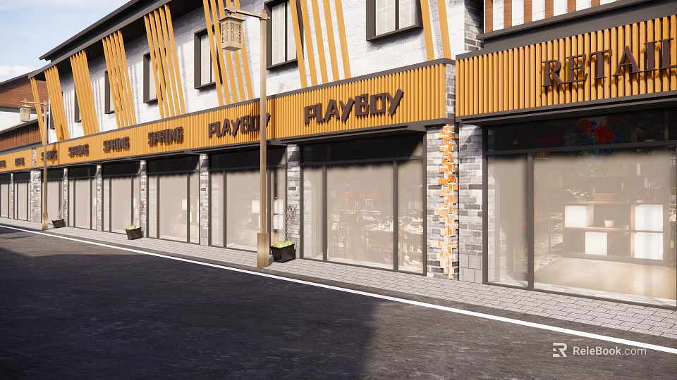Modern Commercial Street With Wooden Storefronts Playboy Signboards And Glass Windows 3d model 