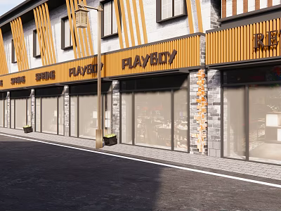 Modern Commercial Street With Wooden Storefronts Playboy Signboards And Glass Windows 3d model