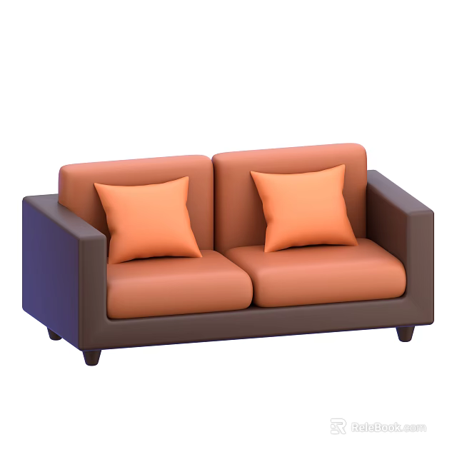 Two Seater Sofa With Orange Upholstery Brown Armrests And Matching Cushions 3d model 