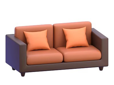 Two Seater Sofa With Orange Upholstery Brown Armrests And Matching Cushions 3d model