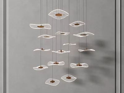 Modern Artistic Chandelier With Leaf Shaped Pendants Hanging In Gray Interior 3d model