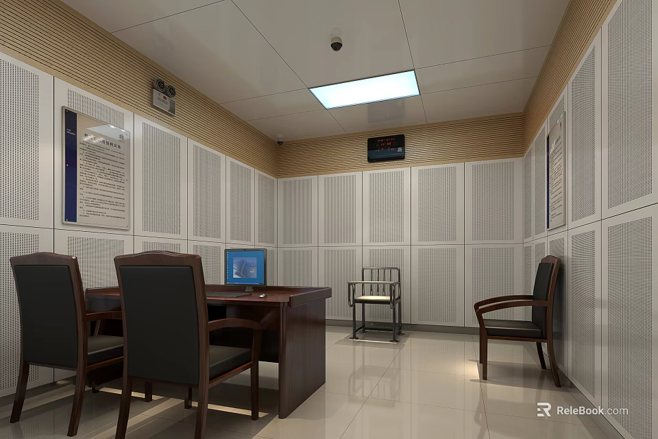 Professional Monitoring Room Interior With Control Desk Multiple Monitors Soundproof Walls And Lighting 3d model 