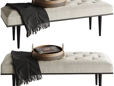 Beige Tufted Sofa Bench With Black Legs Woven Tray And Fringed Blanket 3d model