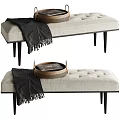 Beige Tufted Sofa Bench With Black Legs Woven Tray And Fringed Blanket