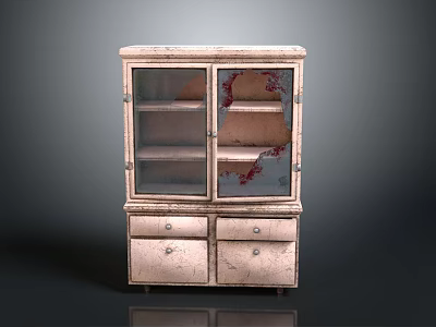 Old Cabinet With Glass Doors Drawers And Worn Vintage Style Appearance 3d model