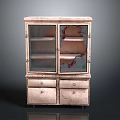 Old Cabinet With Glass Doors Drawers And Worn Vintage Style Appearance