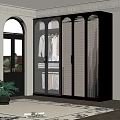 Black Wardrobe With Glass Doors And Rattan Panels In Elegant Interior With Arched Windows