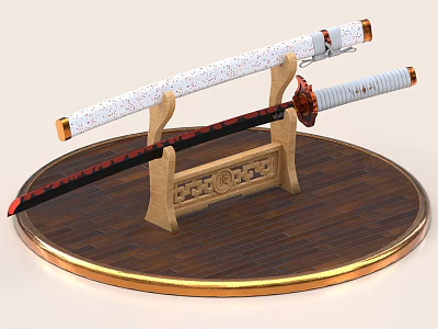 Traditional Japanese Samurai Sword Displayed On Wooden Carved Stand Over Circular Wooden Platform With Gold Edge 3d model