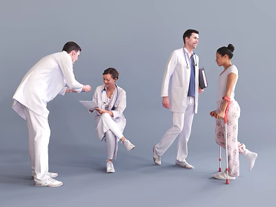 Medical Team and Patient Interacting While Examining Records and Using Crutches 3d model