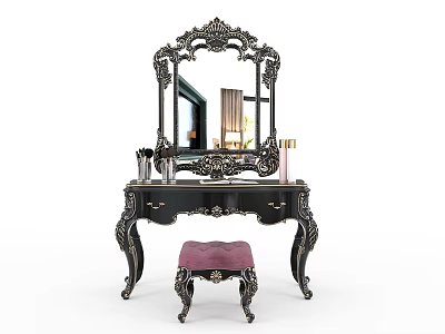 Elegant Black Dressing Table with Large Ornate Carved Mirror Drawers and Purple Cushioned Stool 3d model