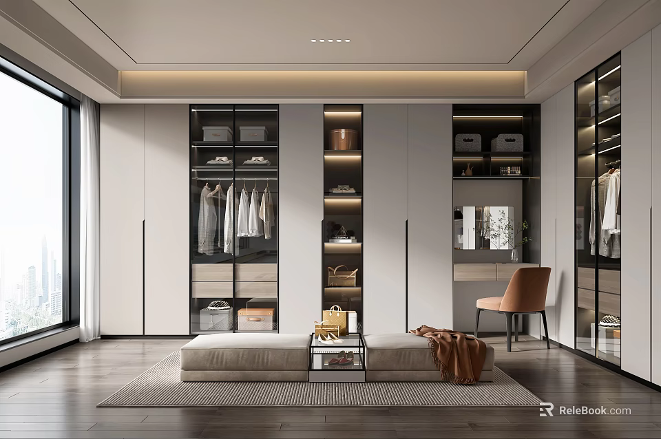 Modern Walk in Closet Interior Design With Built in Cabinets Hanging Clothes And Central Bench 3d model 