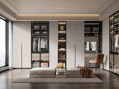 Modern Walk in Closet Interior Design With Built in Cabinets Hanging Clothes And Central Bench 3d model