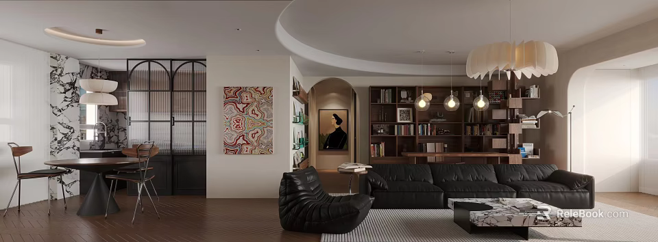 Warm Retro Open Plan Living And Dining Room Interior With Black Leather Sofas And Bookshelves 3d model 