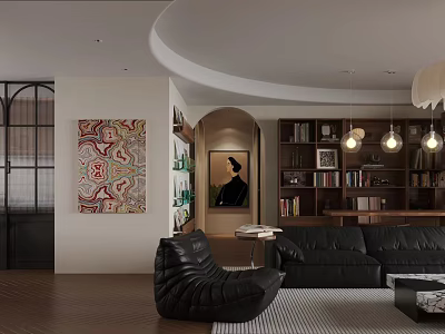 Warm Retro Open Plan Living And Dining Room Interior With Black Leather Sofas And Bookshelves 3d model