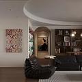 Warm Retro Open Plan Living And Dining Room Interior With Black Leather Sofas And Bookshelves