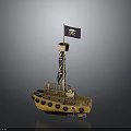 Pirate Ship Model with Yellow Hull Purple Skull Flag Round Windows and Deck Details