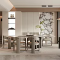 Modern Restaurant Interior With Dining Table Chairs Marble Accent Wall And Floor Lamp