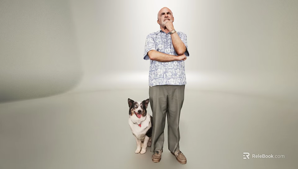 Man In Patterned Shirt And Gray Pants Standing With Dog Thinking 3d model 