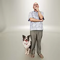 Man In Patterned Shirt And Gray Pants Standing With Dog Thinking