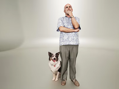 Man In Patterned Shirt And Gray Pants Standing With Dog Thinking 3d model