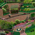 Residential Garden Landscape Design with Stone Path Fountain Statue Colorful Flowers and Green Lawn