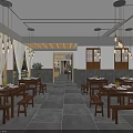 Chinese Style Restaurant Interior With Wooden Structure Chandeliers And Dining Tables