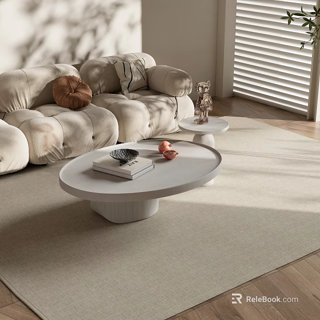 White Round Coffee Table With Books Decorative Bowl And Fruits In Modern Living Room 3d model 