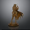 Golden Woman Statue With Ornate Armor Flowing Cape And Circular Base
