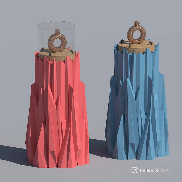 Colorful Red and Blue Geometric Textured Pillars with Transparent Lids and Donut Decorations 3d model 