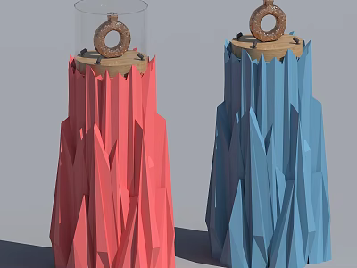 Colorful Red and Blue Geometric Textured Pillars with Transparent Lids and Donut Decorations 3d model