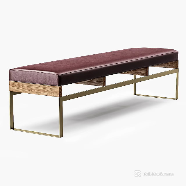 Modern Ottoman Bench With Maroon Leather Seat And Gold Metal Frame 3d model 