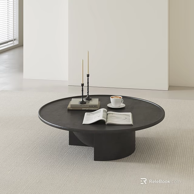 Modern Black Round Coffee Table With Open Book Coffee Cup And Candles On Light Carpet 3d model 