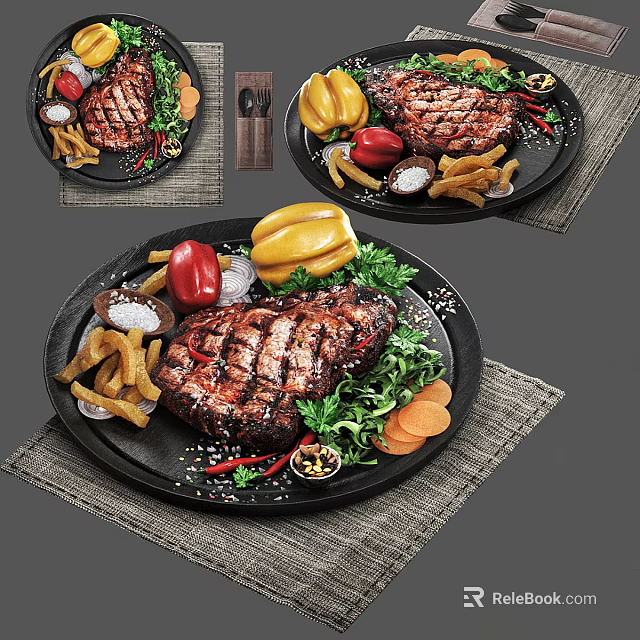 Grilled Steak With Fries Bell Peppers Carrot Slices And Spices On Black Plate 3d model 