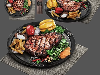 Grilled Steak With Fries Bell Peppers Carrot Slices And Spices On Black Plate 3d model