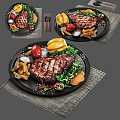 Grilled Steak With Fries Bell Peppers Carrot Slices And Spices On Black Plate