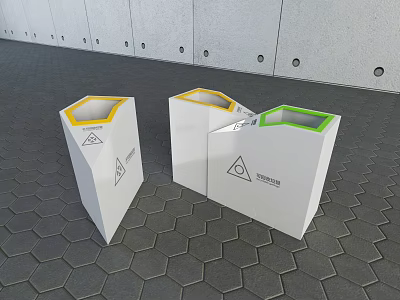 Public Facilities Three Waste Sorting Bins With Colored Lids On Hexagonal Paved Ground 3d model