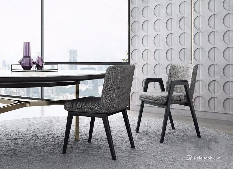 Modern Dining Table Set With Grey Upholstered Chairs Black Legs And Textured Wall Interior 3d model 